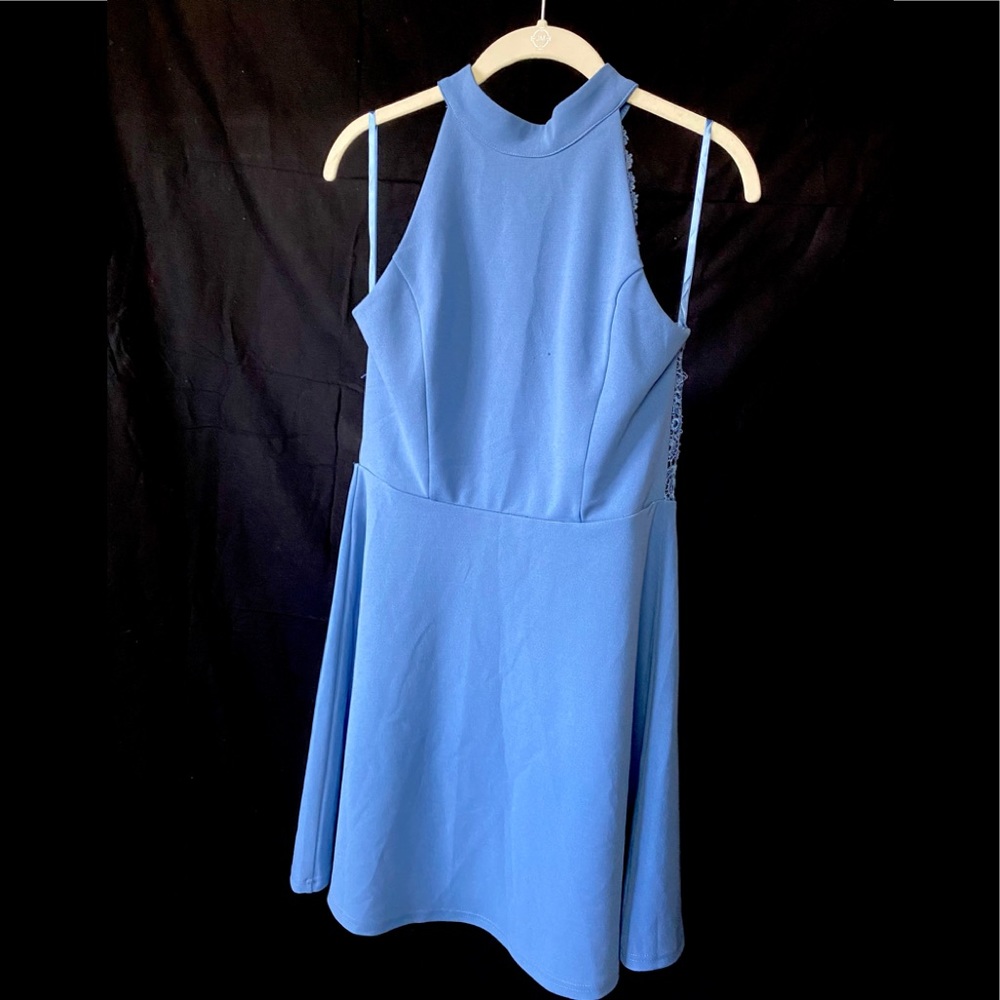 High neck, lace, keyhole backed skater dress